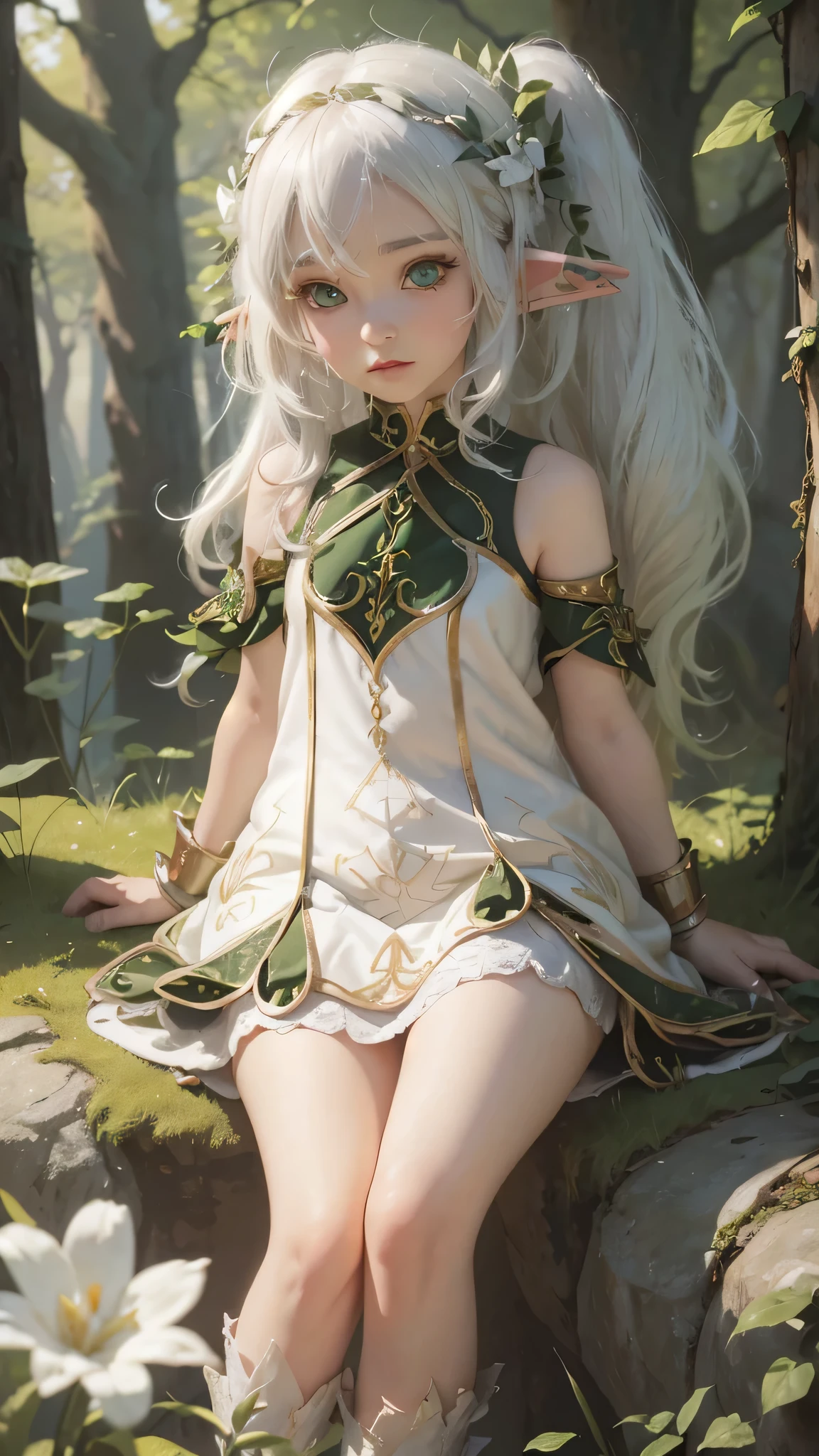 Realistic girl with white hair and green eyes sitting on a rock, elf girl, cute in a nice dress, white haired deity, alluring elf princess knight, elf princess, goddess, beautiful and elegant elf queen, loish and wlop, in dress, fey queen of the summer forest, detail and realistic body, chubby face,