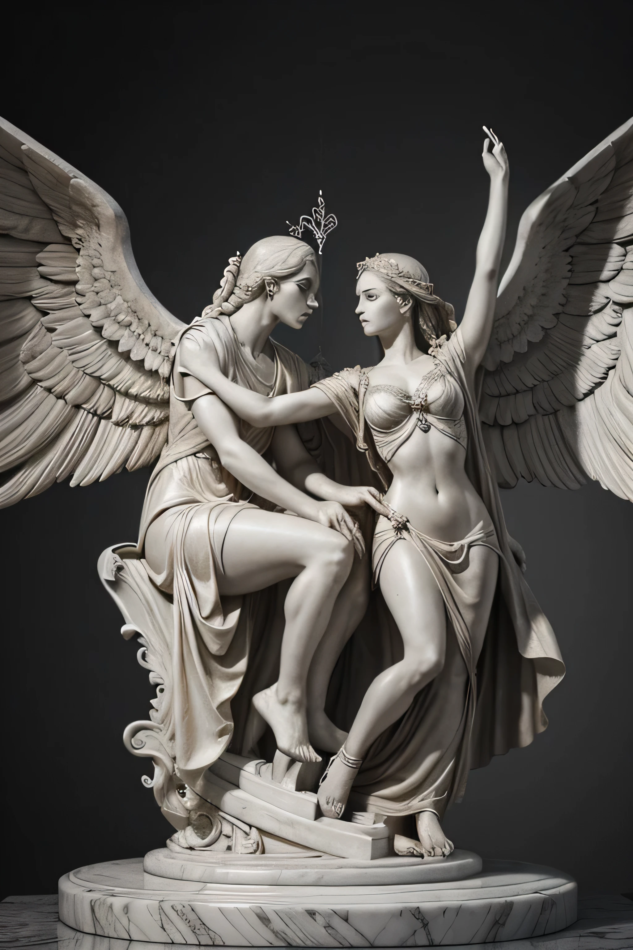 schematic engraved in marble carved sculpture of a woman and a man struggling to reach their hands up towards a large heart with wings, realistic sharp focus, cinematic background, atmospheric, precise intricate details, 3D, Behance HD, ultra quality image, epic masterpiece, perfect composition