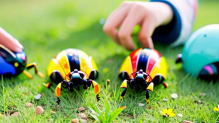 Children playing with beautiful beetles in the grassland、Children playing with beautiful beetles in the grassland、Colorful Mushiking