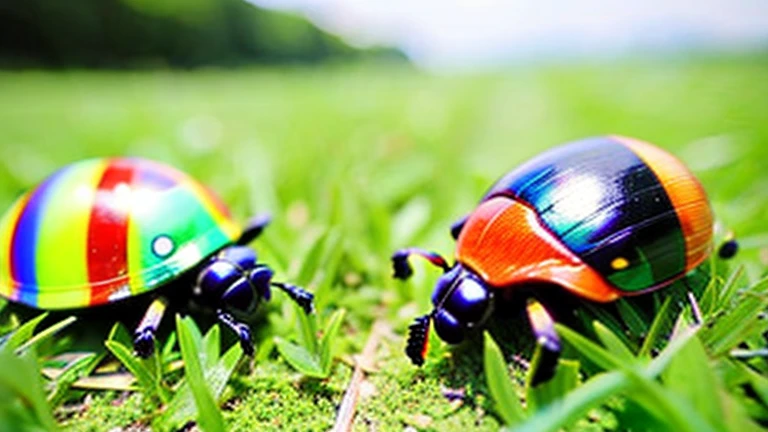 Children playing with beautiful beetles in the grassland、Children playing with beautiful beetles in the grassland、Colorful Mushiking
