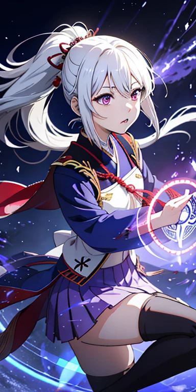 keqing, japanese clothes, ponytail ,white hair, purple eyes, magic circle, blue fire, blue flames, wallpaper, landscape, blood, blood splatter, depth of field, night, light particles, light rays, sidelighting, thighs, fate \(series\), genshin impact, ****, open jacket, skirt, thighhighs, cloud