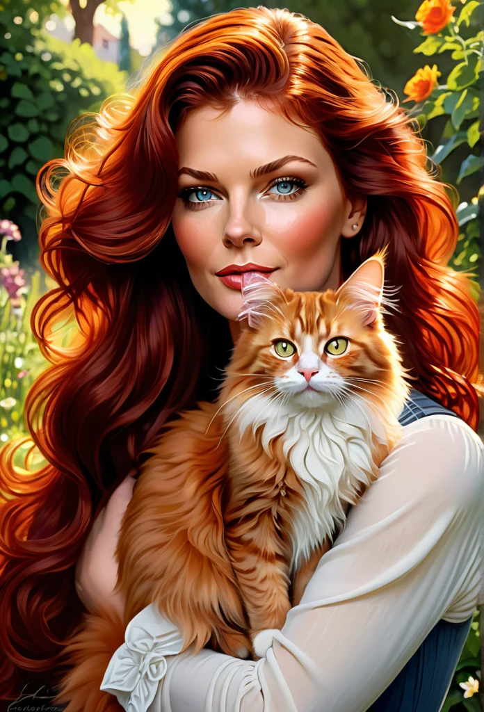 Black-haired [girl:Catherine Zeta Jones:0.1] with a full sized  red mainecoon cat, (best quality, masterpieces, ultra-detailed), beautiful detailed eyes, beautiful detailed lips, longeyelashes, vibrant colors, illustrative style, oil painting texture, flowing red hair, cozy garden background, soft sunlight, lively expression, joyful interaction with the cat, dynamic pose, realistic rendering.