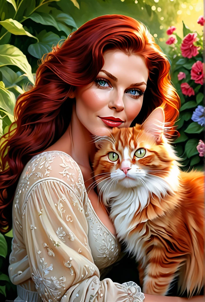 Black-haired [girl:Catherine Zeta Jones:0.1] with a full sized  red mainecoon cat, (best quality, masterpieces, ultra-detailed), beautiful detailed eyes, beautiful detailed lips, longeyelashes, vibrant colors, illustrative style, oil painting texture, flowing red hair, cozy garden background, soft sunlight, lively expression, joyful interaction with the cat, dynamic pose, realistic rendering.