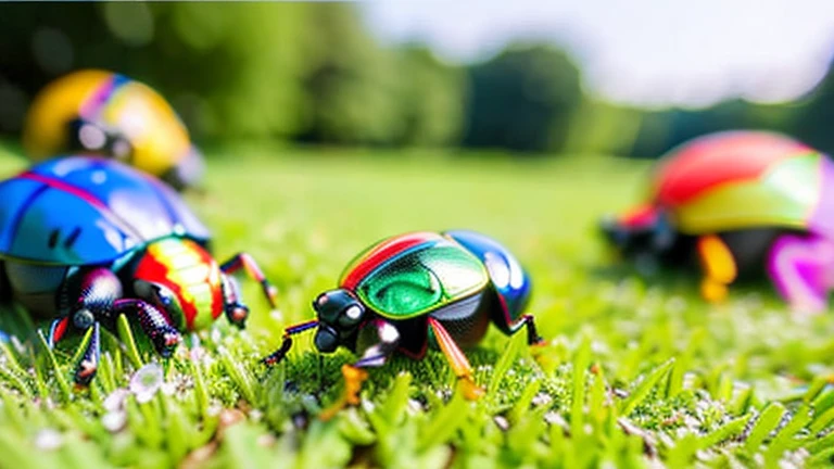 Children playing with beautiful beetles in the grassland、Children playing with beautiful beetles in the grassland、Colorful Mushiking