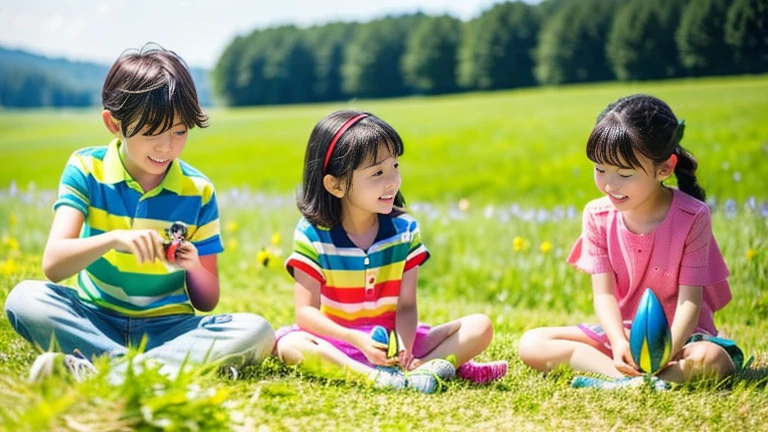 Children playing with beautiful beetles in the grassland、Children playing with beautiful beetles in the grassland、Colorful Mushiking