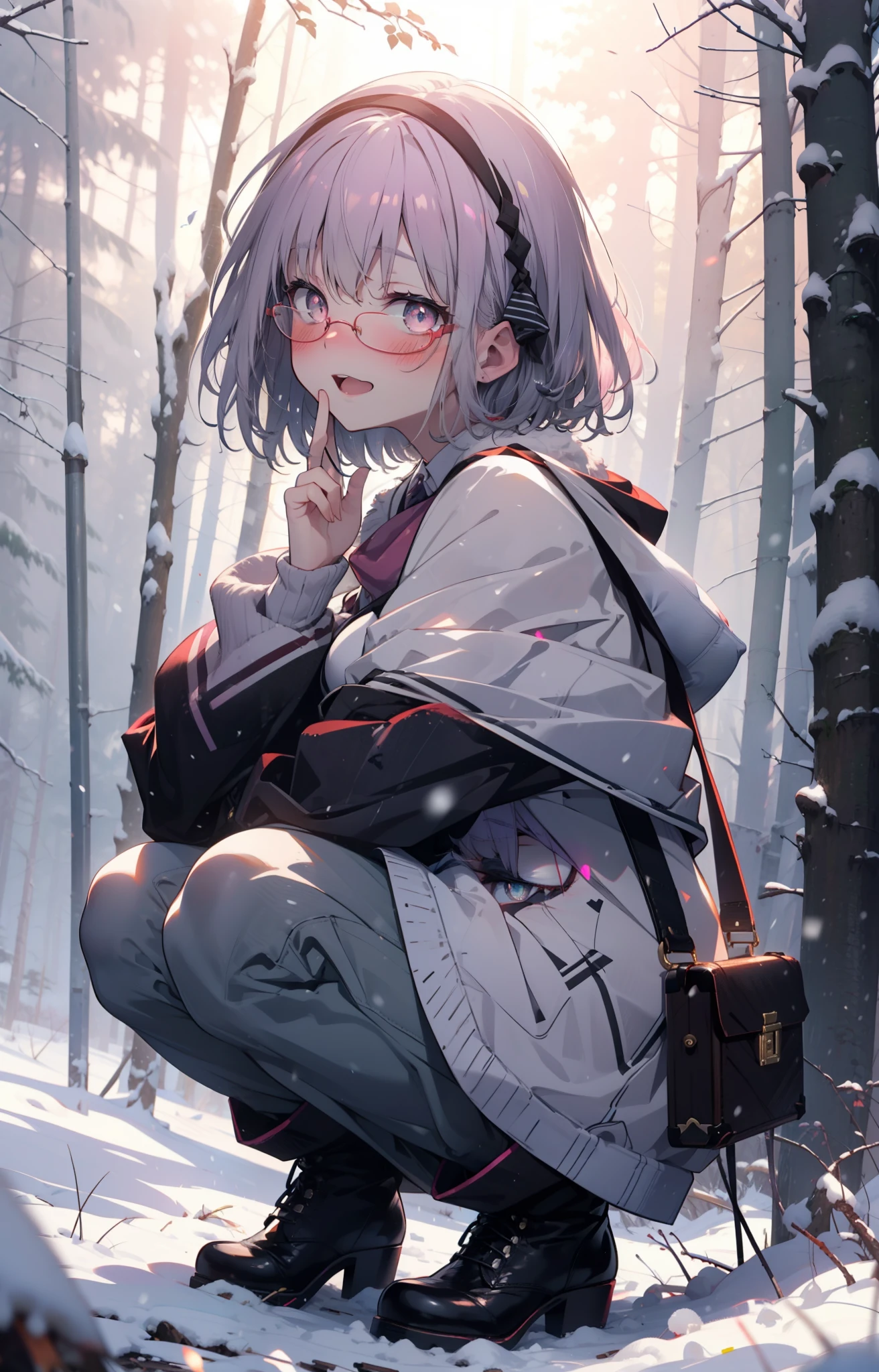 akaneshinjou, shinjou akane, Light purple hair, (Pink Eyes:1.2), short hair,Akagi Glasses,hair band,smile,blush,White Breath,Big Breasts,
Open your mouth,snow,Ground bonfire, Outdoor, boots, snowing, From the side, wood, suitcase, Cape, Blurred, , forest, White handbag, nature,  Squat, Mouth closed, Cape, winter, Written boundary depth, Black shoes, red Cape break looking at viewer, Upper Body, whole body, break Outdoor, forest, nature, break (masterpiece:1.2), highest quality, High resolution, unity 8k wallpaper, (shape:0.8), (Beautiful and beautiful eyes:1.6), Highly detailed face, Perfect lighting, Extremely detailed CG, (Perfect hands, Perfect Anatomy),