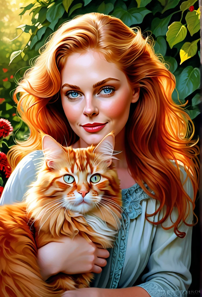 Golden-haired [girl:Kathleen Turner:0.1] with a full sized  red mainecoon cat, (best quality, masterpieces, ultra-detailed), beautiful detailed eyes, beautiful detailed lips, longeyelashes, vibrant colors, illustrative style, oil painting texture, flowing red hair, cozy garden background, soft sunlight, lively expression, joyful interaction with the cat, dynamic pose, realistic rendering.