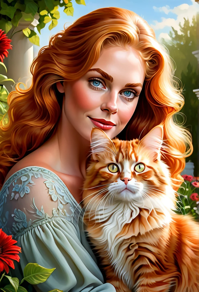Golden-haired [girl:Kathleen Turner:0.1] with a full sized  red mainecoon cat, (best quality, masterpieces, ultra-detailed), beautiful detailed eyes, beautiful detailed lips, longeyelashes, vibrant colors, illustrative style, oil painting texture, flowing red hair, cozy garden background, soft sunlight, lively expression, joyful interaction with the cat, dynamic pose, realistic rendering.