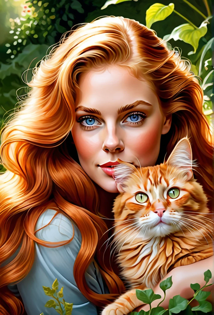 Golden-haired [girl:Kathleen Turner:0.1] with a full sized  red mainecoon cat, (best quality, masterpieces, ultra-detailed), beautiful detailed eyes, beautiful detailed lips, longeyelashes, vibrant colors, illustrative style, oil painting texture, flowing red hair, cozy garden background, soft sunlight, lively expression, joyful interaction with the cat, dynamic pose, realistic rendering.