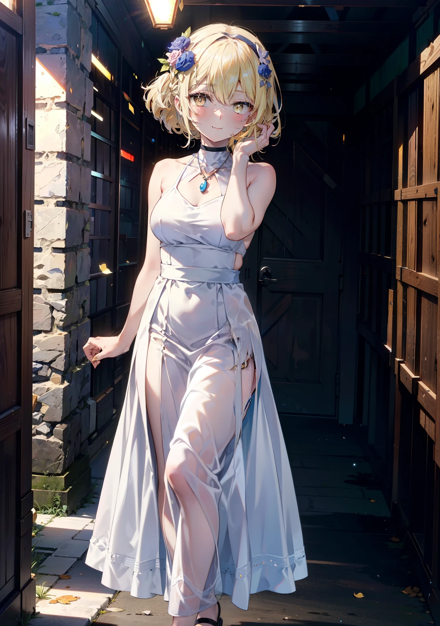 アイスWallenstein, Wallenstein, blonde, Hair between the eyes, hair band, Long Hair, (Yellow Eyes:1.5),happy smile, smile, Shut your mouth.,smile,blush,White Sleeveless Dress,Bare arms,Bare neck,Heart Pendant,Long skirt,Cute Sandals,sunny,walking,whole bodyがイラストに入るように,break looking at viewer,whole body,break outdoors,construction area,city, break (masterpiece:1.2), highest quality, High resolution, unity 8k wallpaper, (shape:0.8), (Beautiful and beautiful eyes:1.6), Highly detailed face, Perfect lighting, Extremely detailed CG, (Perfect hands, Perfect Anatomy),