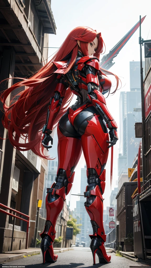 Red long straight hair female mecha,Large female robot , Sci-fi fluorescent armor, Chest,Mechanical joints，wing，thigh， High heel, Standing，front，sci-fi sword，City