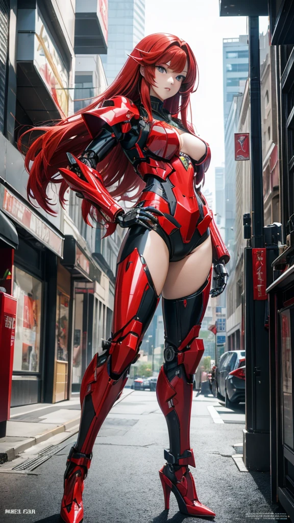Red long straight hair female mecha,Large female robot , Sci-fi fluorescent armor, Chest,Mechanical joints,wing,thigh, High heel, Standing,front,sci-fi sword,City