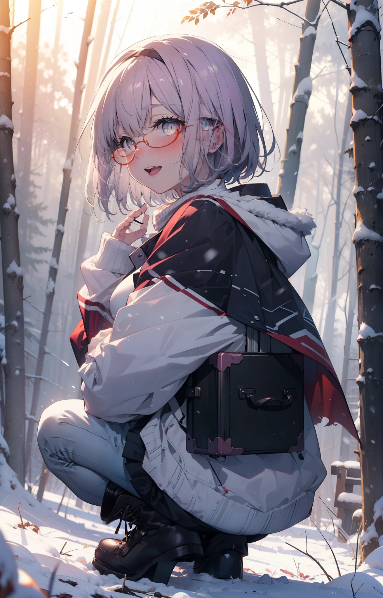 akaneshinjou, shinjou akane, Light purple hair, (Pink Eyes:1.2), short hair,Akagi Glasses,hair band,smile,blush,White Breath,Big Breasts,
Open your mouth,snow,Ground bonfire, Outdoor, boots, snowing, From the side, wood, suitcase, Cape, Blurred, , forest, White handbag, nature,  Squat, Mouth closed, Cape, winter, Written boundary depth, Black shoes, red Cape break looking at viewer, Upper Body, whole body, break Outdoor, forest, nature, break (masterpiece:1.2), highest quality, High resolution, unity 8k wallpaper, (shape:0.8), (Beautiful and beautiful eyes:1.6), Highly detailed face, Perfect lighting, Extremely detailed CG, (Perfect hands, Perfect Anatomy),