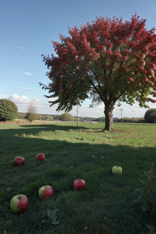 Field with an apple tree with apples in the foreground on the right