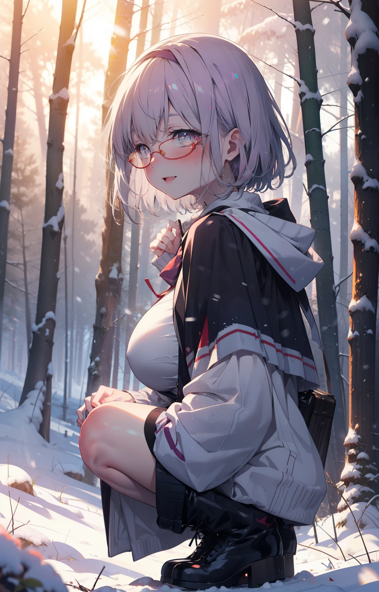 akaneshinjou, shinjou akane, Light purple hair, (Pink Eyes:1.2), short hair,Akagi Glasses,hair band,smile,blush,White Breath,Big Breasts,
Open your mouth,snow,Ground bonfire, Outdoor, boots, snowing, From the side, wood, suitcase, Cape, Blurred, , forest, White handbag, nature,  Squat, Mouth closed, Cape, winter, Written boundary depth, Black shoes, red Cape break looking at viewer, Upper Body, whole body, break Outdoor, forest, nature, break (masterpiece:1.2), highest quality, High resolution, unity 8k wallpaper, (shape:0.8), (Beautiful and beautiful eyes:1.6), Highly detailed face, Perfect lighting, Extremely detailed CG, (Perfect hands, Perfect Anatomy),