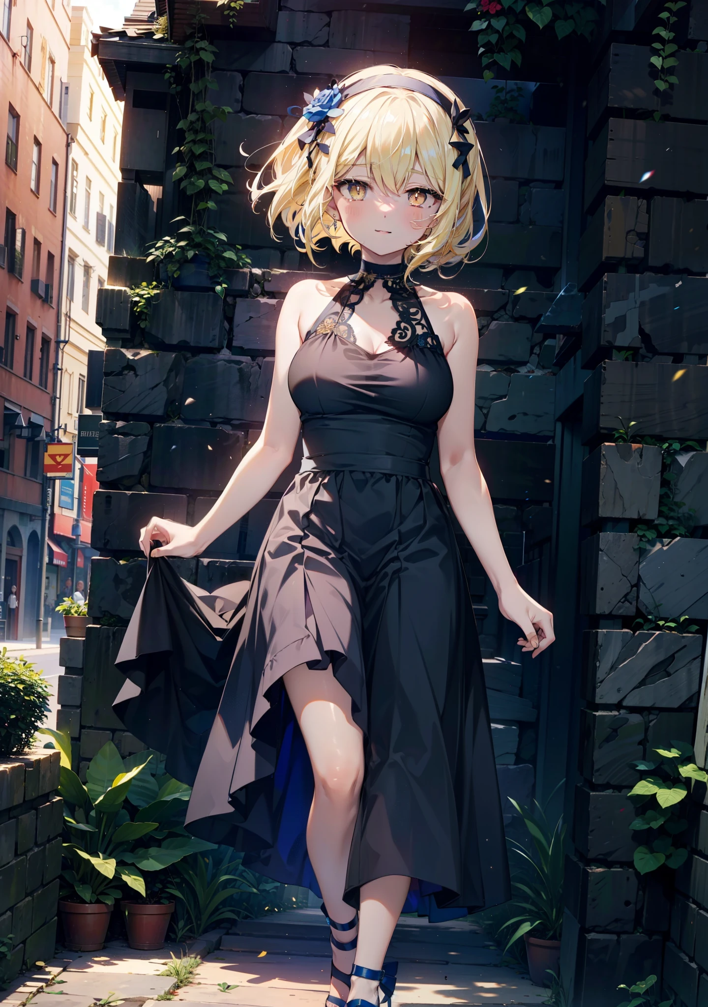 アイスWallenstein, Wallenstein, blonde, Hair between the eyes, hair band, Long Hair, (Yellow Eyes:1.5),happy smile, smile, Shut your mouth.,smile,blush,Blue sleeveless dress,Bare arms,Bare neck,Heart Pendant,Long skirt,Cute Sandals,sunny,walking,whole bodyがイラストに入るように,break looking at viewer,whole body,break outdoors,construction area,city, break (masterpiece:1.2), highest quality, High resolution, unity 8k wallpaper, (shape:0.8), (Beautiful and beautiful eyes:1.6), Highly detailed face, Perfect lighting, Extremely detailed CG, (Perfect hands, Perfect Anatomy),