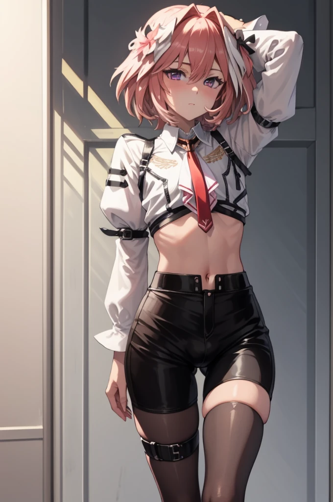 absurdres, masterpiece, best quality, (astolfo fate:1.2155), 1boy, male focus, solo, trap, pink multicolored hair, pink hair, white hair, hair intakes, long hair, pink detailed eyes, crossdressing, black panties, exposed navel,cowboy shot,white shirt, pantyhose, thigh strap,astolfo (fate), large ,Intricate Details, 4K, arms above head, bandeau, bulge,blushing