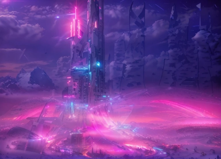 Masterpiece, 12k, uhd, photorealistic, a ultra beautiful suggestive landscape, with snow hills, snow land, futuristic metropolis in background, with skycrapers, night sky with stars, pink boreal aurora in the sky, light neon effects, cyberpunk dreaming atmosphere, (3D rendering buildings), seems real, blue and pink sky and snow colors
