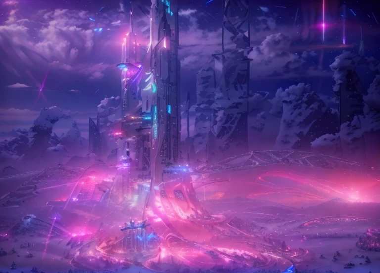 Masterpiece, 12k, uhd, photorealistic, a ultra beautiful suggestive landscape, with snow hills, snow land, futuristic metropolis in background, with skycrapers, night sky with stars, pink boreal aurora in the sky, light neon effects, cyberpunk dreaming atmosphere, (3D rendering buildings), seems real, blue and pink sky and snow colors