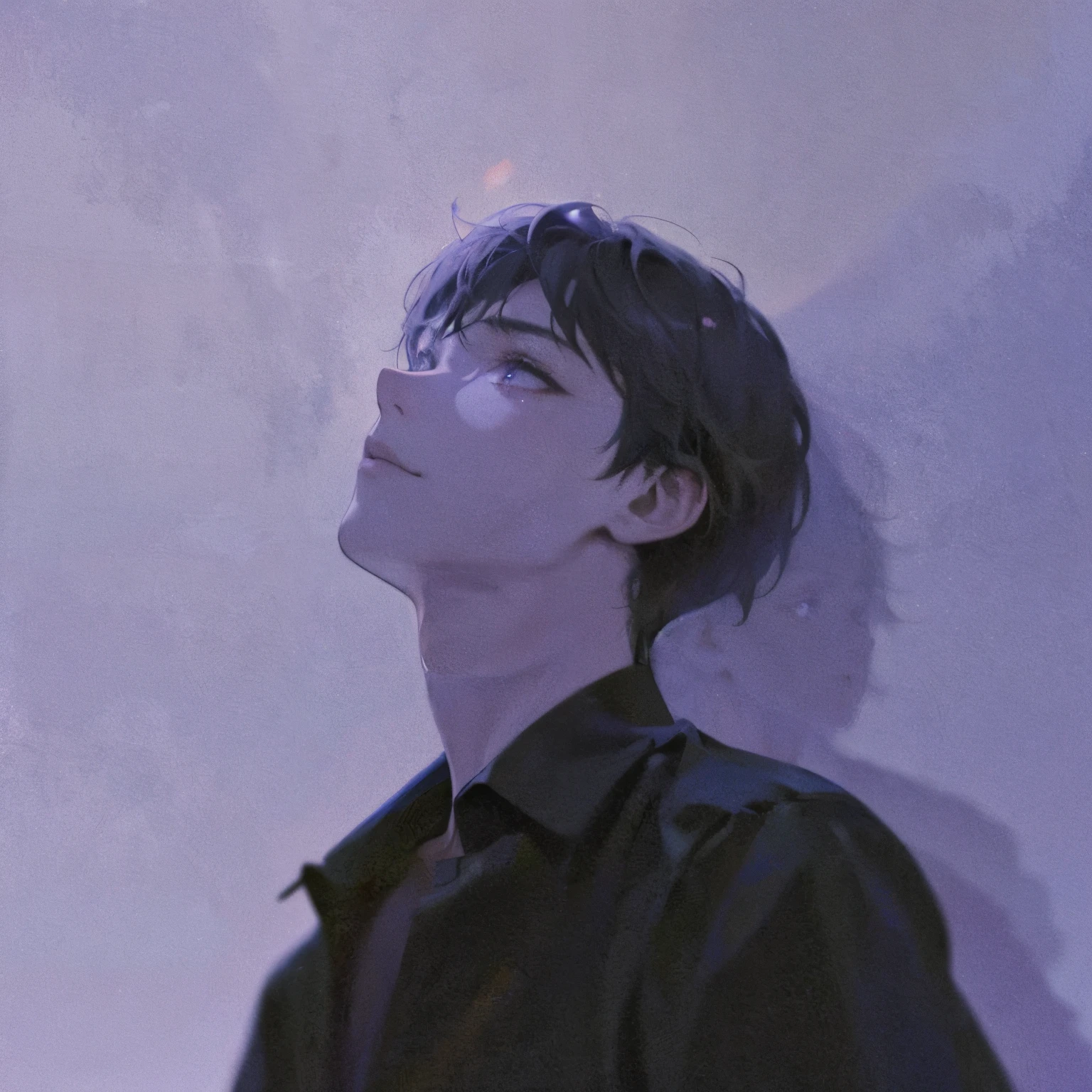 A person with short hair leans against a wall with a purple light shining on him, gazing upwards. The individual is wearing a dark-colored shirt.