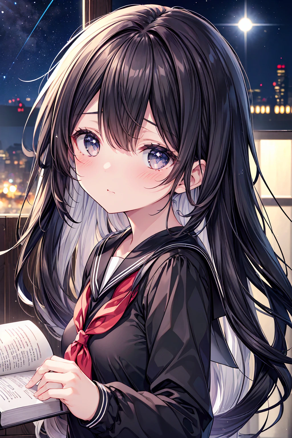 masterpiece, best quality, extremely detailed, (illustration, official art: 1.1), 1 girl, ,black long hair, 18 years old, long hair ((blush)), masterpiece, best quality, (((a very delicate and beautiful girl)))), amazing, beautiful detailed eyes, blunt bangs , tareme, (true beautiful: 1.2), sense of depth, dynamic angle,,,, (true beautiful: 1.2),(black sailor suit、serafuku:1.4)、thin and long legasterpiece, best quality, extremely detailed, absurdres),No expression, mature,Shy girl (blushing),almond eye、brown eyes、gradation eye、 , middle breasts, beautiful jpn-girl, (best quality: 1.2) solo, cinematic light, perfect lighting,embarrassed, (((Wide Open Eyes))),{black sailor suit},{white ribbon},{black traight hair
in library, sense of depth, dynamic angle,,,, (true beautiful: 1.2),("Black sailor suit", long sleeved:1.3)、,white neckerchief、
indoor,(book shelfs, blue moon, starry sky, blue night, abstract background, magic books, light particles, stars, sparkling effects, childbook),surprised face
, shy