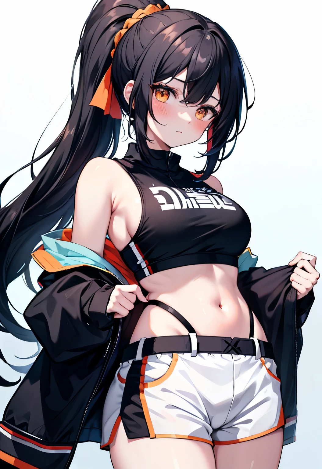 Black Hair，Orange eyes，long hair，High Ponytail，blush，Large Breasts，fighter，，White sports top，White sports shorts，White sling bikini