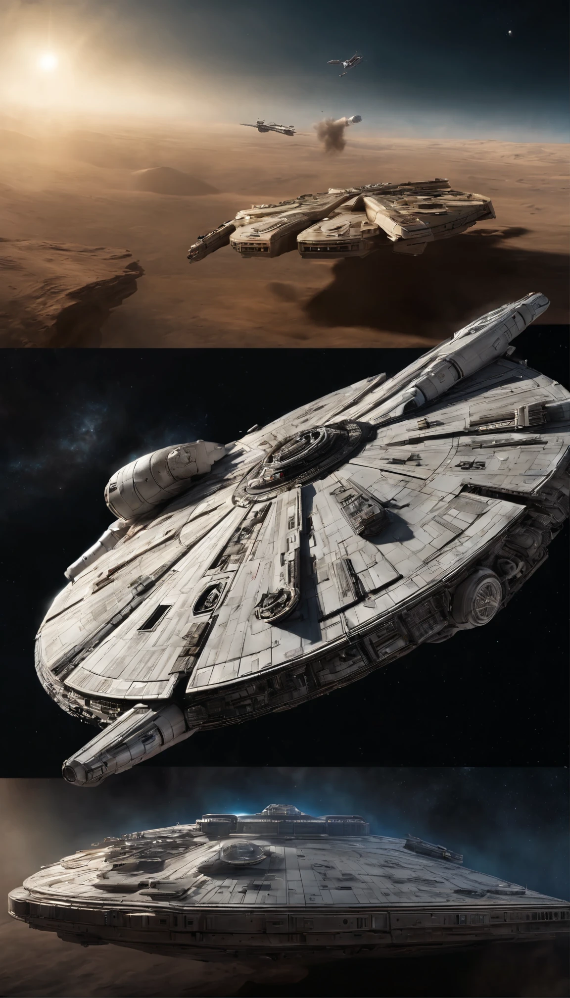 In this impressive and highly detailed masterpiece set against the backdrop of intergalactic battles、The Millennium Falcon, a rare spaceship, is depicted in high detail and with great ambition.、Boasting an astonishing level of realism that rivals the cinematic experience。Gliding through the vast, dark space、A huge Star Destroyer looms ominously in the distance.、Chase iconic spaceships with relentless determination。 The intricate details of the Millennium Falcon、From the smooth lines of the ship to its sun-scorched surface、Meticulously rendered with photorealistic accuracy