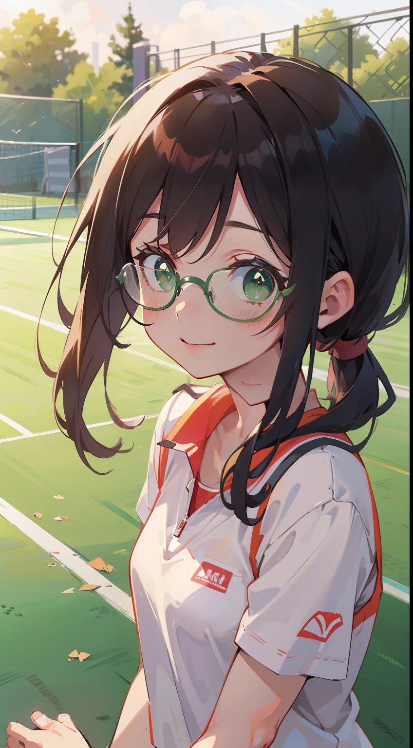 (masterpiece), (highest quality), Ultra-high resolution, Upper Body, Mid-range long shot, MLS, Volumetric lighting, ((One woman, alone)), Very attractive and gorgeous mature, Beautiful detailed hair, Chestnut Hair, Sleek ponytail hairstyle, Beautifully detailed face, Perfect feminine face, ((Beautifully shaped eyes, Green Eyes)), Glasses, smile, Comfortable face, View your viewers, Feminine tennis wear, Stand on the tennis court, in the evening