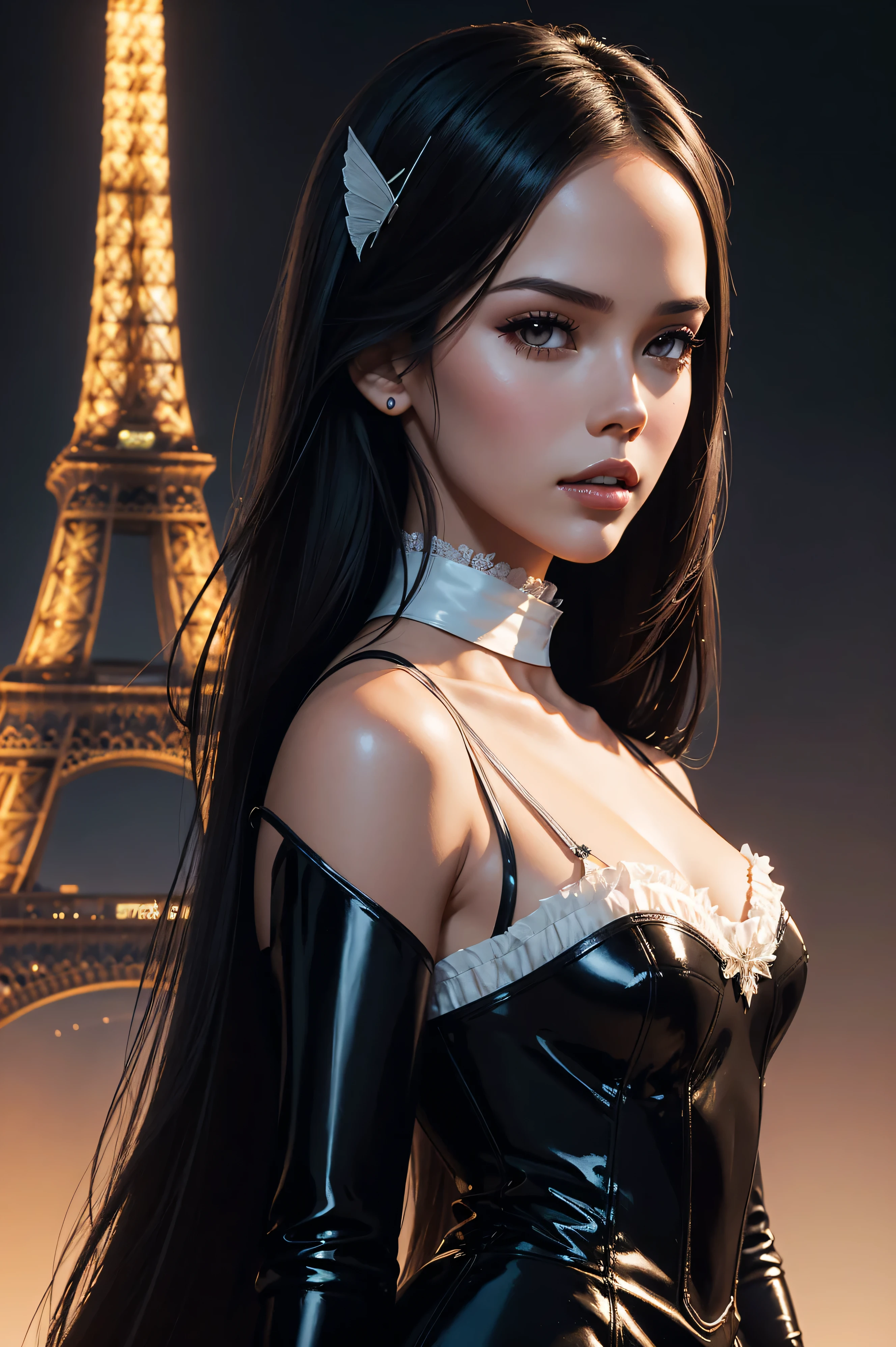 portrait Catriona Gray wearing french maid latex, against the background of the Eiffel Tower, character portrait, 3 9 9 0 s, long hair, intricate, elegant, highly detailed, digital painting, artstation, concept art, smooth, sharp focus, illustration, art by wlop, charlie bowater and alexandra fomina