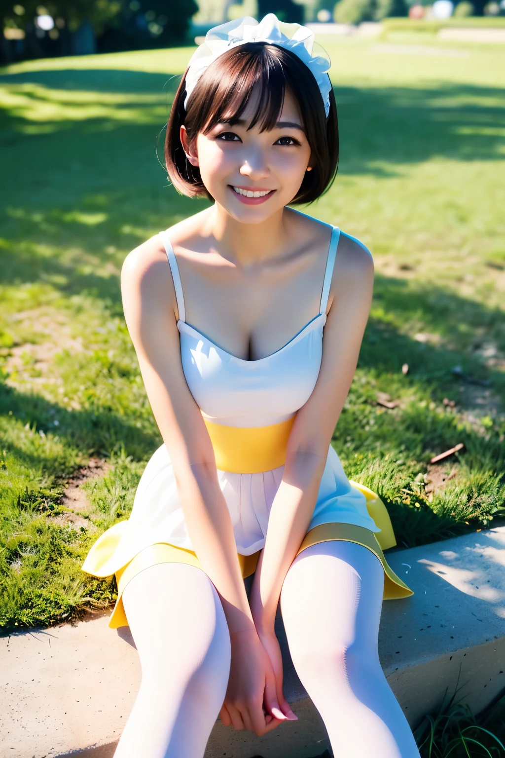 ((8k、32k、Raw photo、highest quality、masterpiece:1.3))、(Sharp focus:1.75)、((Realistic、Photorealistic:1.38))、Ultra-detailed、Professional Lighting、Light the front of the subject、(Sony A7R4、Zesse 50mm F1.8)、1 person photo、solo、One Japanese woman、Beautiful mature woman、Born in the 1970s、So cute、light makeup、((Under the blue sky:1.3))、((Sit directly on the grass:1.5))、((Sit on the ground:1.5))、((Spread your legs for the crowd:1.27))、((Don't stick your hands in every step.:1.7))、((Sensational provocative poses))、(Black hair on head)、((Exposed breasts))、((Her breast size is B cup:1))、Happy and bright smile、(Red nose)、((Laughter:1.26))、A seductive smile、(Eyeing the beautiful details、double eyelid)、((Maid costumes like ballet uniforms made of highly transparent stocking fabric、White or yellow fabric))、((Short skirt with light stocking fabric、White or yellow fabric))、(short hair:1.35)、((Floating Hair:1.5))、(I wear sneakers on both feet.)、