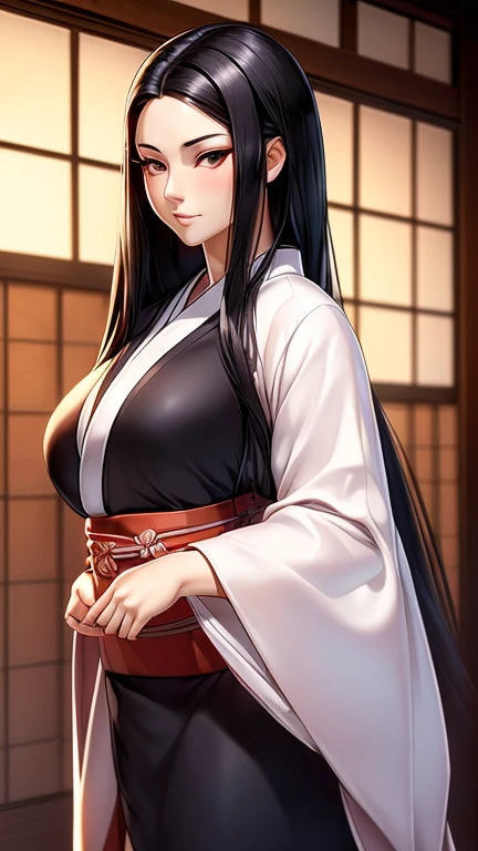 ((A woman in kimono posing for a photo shoot)), ((ultra quality)), ((Masterpiece)), Nezuko, ((long black hair)), (Beautiful face), (beautiful female lips), charming, looks at the camera, eyes slightly open, (Skin color white), (White skin), glare on the body, wet body, ((detailed beautiful female eyes)), (rosy big eyes), (juicy female lips), (dark eyeliner), (beautiful female hands), ((Ideal female figure)), Ideal female body, beautiful waist, gorgeous thighs, beautiful medium breasts, ((subtle and beautiful)), Sexy stance (), () background: Japanese house 18-19 century, ((depth of field)), ((high quality clear image)), (clear details), ((High detail)), realistically, professional photo session, ((Clear Focus)), anime