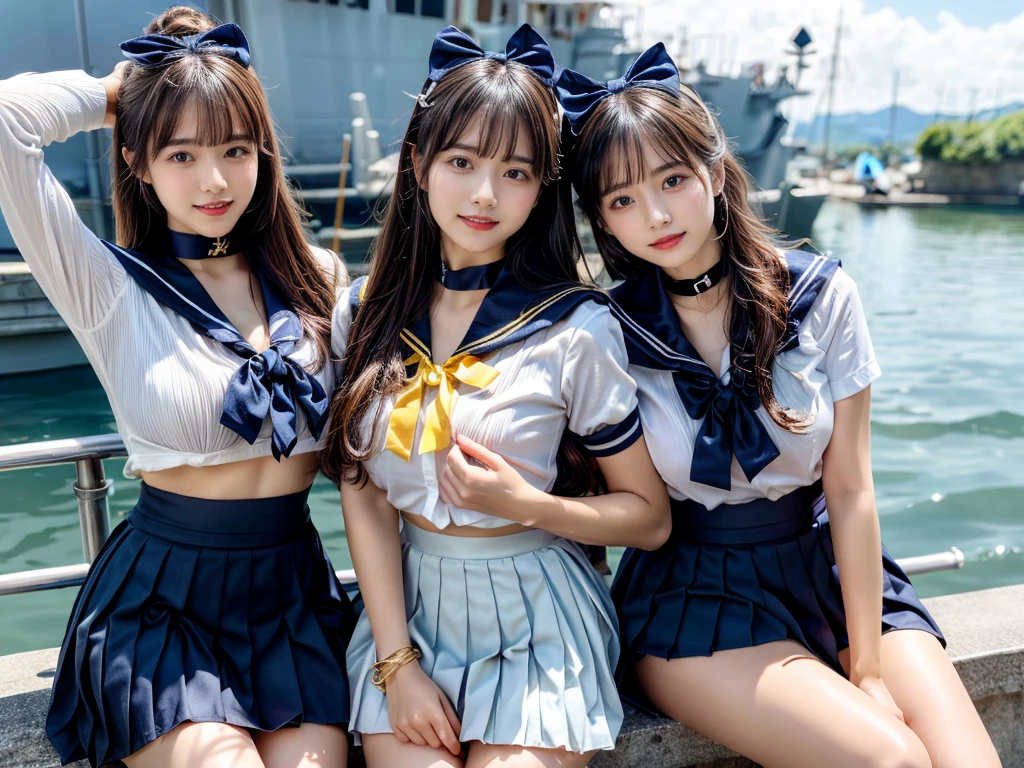 (((very heavy chest))),NSFW, 16k raw photos, highest quality, masterpiece, ultra high resolution, ((She is wearing Beautiful exposed redShe is wearing (a high school sailor uniform).
(navy sailor collar:1.4),(white shirt:1.4),(navy pleats skirt:1.4),(navy bow:1.4))).movie, ((2 girls, , 2 schoolgirls)),((attractive expression)),eyes shine、 looking at the viewer, natural skin texture very heavy chest))),((( metal black ribbon around the neck))).star handle mold、((yellow eyes)),Realistic eye and face details, lip whole, lipstick makeup), fluffy ponytail hair, laughter, Beautiful feet, tall woman, ((glowing skin)),((Beautiful armpit)), slim_feet, huge breasts, cleavage, beautiful natural places, beautiful flower garden、(detailed background,highly exposed, huge breasts, blurred background,, JK ribbon on the neck, jk ribbon, golden hair, bracelet, water, bangs, split your lips、armpit、beautiful hip line、glowing skin、(((eyes shine brightly))),lotion skin、High leg、((black hair)),highly exposed、Skimpy pink luxury fur coat、beautiful sea background、wind effect、