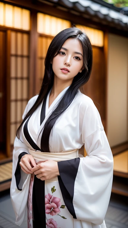 ((A woman in kimono posing for a photo shoot)), ((ultra quality)), ((Masterpiece)),  ((long black hair)), (Beautiful face), (beautiful female lips), charming, looks at the camera, eyes slightly open, (Skin color white), (White skin), glare on the body, wet body, ((detailed beautiful female eyes)), (rosy big eyes), (juicy female lips), (dark eyeliner), (beautiful female hands), ((Ideal female figure)), Ideal female body, beautiful waist, gorgeous thighs, beautiful medium breasts, ((subtle and beautiful)), Sexy stance (), () background: Japanese house 18-19 century, ((depth of field)), ((high quality clear image)), (clear details), ((High detail)), realistically, professional photo session, ((Clear Focus)), anime