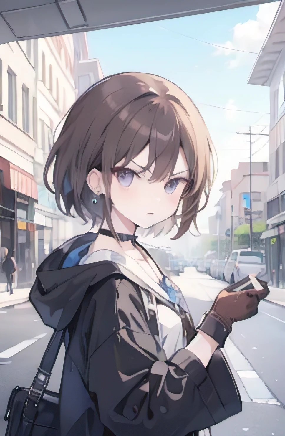 1girl,anime_coloring,black_eyes,black_gloves,brown_hair,choker,earrings,gloves,jewelry,mailbox,parody,short hair,angry,solo,style_parody,