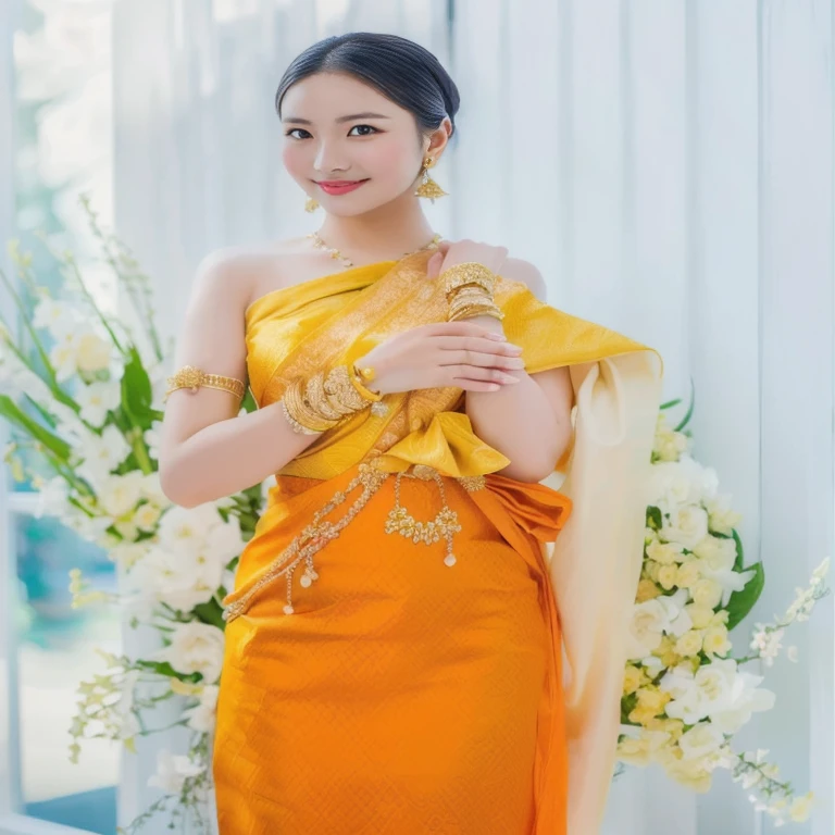 Woman in yellow dress standing next to white flowers, traditional beauty, Sukhothai set, with yellow cloth, traditional, A woman wearing a yellow dress., traditional dress, According to Thawan Duchanee's style, Southeast Asia that has existed for a long time, Niwan Chandra, Decorated with smooth gold., Very beautiful Enga style., In Lammanh style
