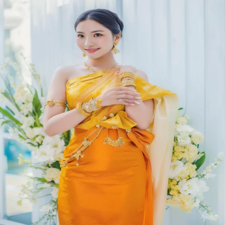 Woman in yellow dress standing next to white flowers, traditional beauty, Sukhothai set, with yellow cloth, traditional, A woman wearing a yellow dress., traditional dress, According to Thawan Duchanee's style, Southeast Asia that has existed for a long time, Niwan Chandra, Decorated with smooth gold., Very beautiful Enga style., In Lammanh style