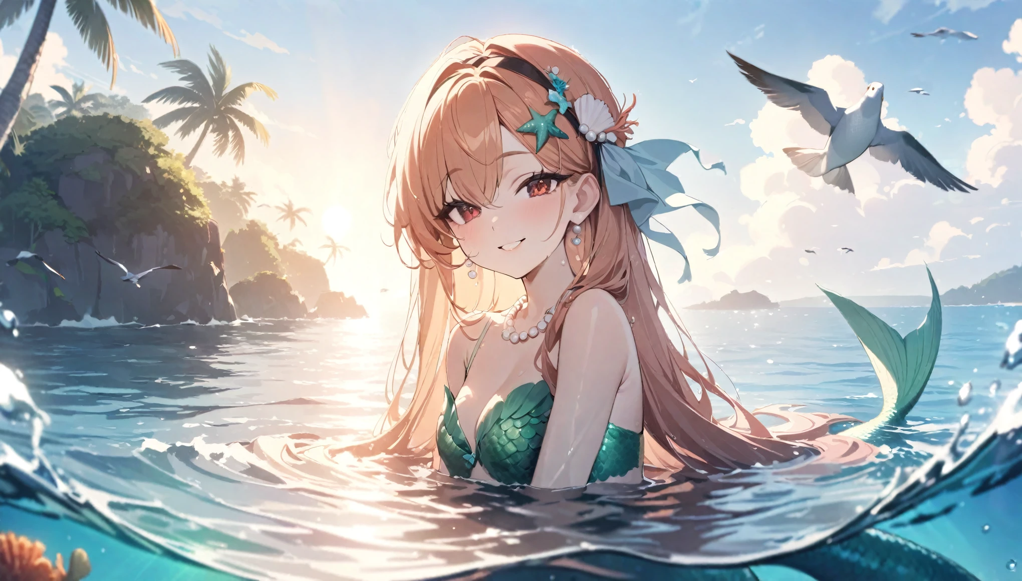 (best quality,4k,8k,highres,masterpiece:1.2),ultra-detailed,teenage girl gets magically transformed into a cute mermaid, fantasy transformation,red-eyed,beautiful detailed eyes,very long spiky ginger hair,happiness, long and detailed mermaid tail with shimmering green scales, seashell bra,pair of fish gills on her torso, red and black ribbon headband, starfish hair clips, pearl hair ornaments, pearl earrings and bracelets, pearl necklace, eye-catching accessories,beautifully detailed lips, floating in water, upper body visible above water, lower half submerged, in front of a sandy beach, ocean water, new beautiful body,she’s smiling,embracing her new life has a mermaid, brushing her hair, ocean waves,sparkling water,coconut trees in the distance,seagulls,coral reef,vibrant colors,magical glow,shimmering scales,sea breeze,warm sunlight,joyful expression,island paradise,lush tropical plants,dynamic composition,soft and smooth lines,expressive facial features,gentle water reflections,serene atmosphere, Highly detailed, masterpiece, high quality, 4K.