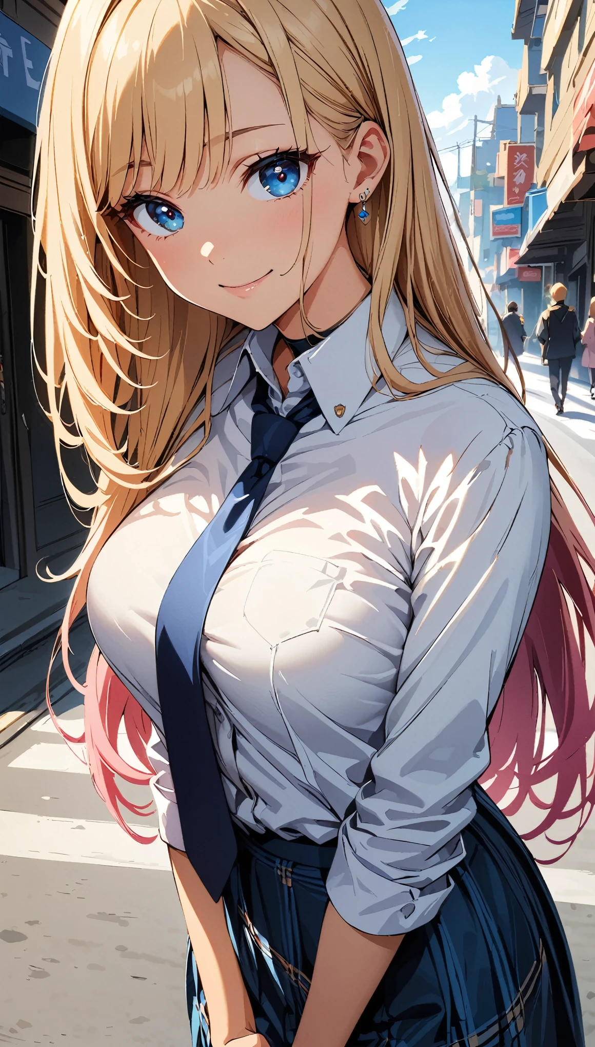 (highest quality:1.2, Anime artwork, Very detailed, High detail, digital coloring, High Contrast, masterpiece:1.2, highest quality, Best aesthetics), (((kitagawa marin, 1 girl))), Blonde Hair, Straight Long Hair, Pink gradient hair, Red eyes, Earrings, White shirt, Black choker, Blue tie, Check skirt, smile, Hunchback, look up, Cowboy Shot, Wide-angle lens, Busy Street, 