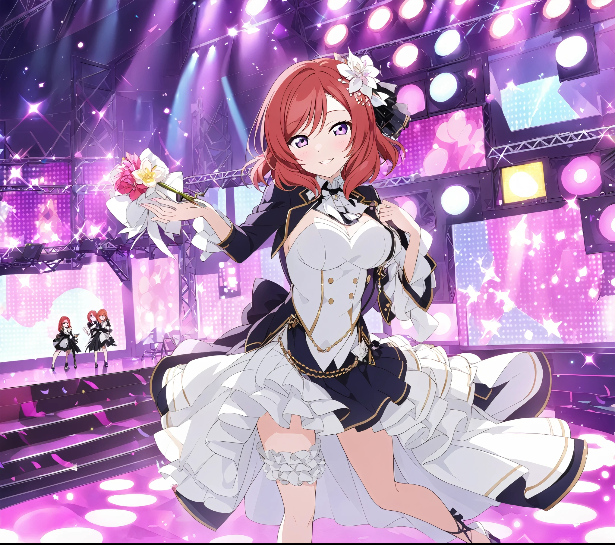 , Live Stage, Big Breasts, Smiling face in formal dress　alone, maki nishikino, short hair, (Purple eyes:1.1), Redhead,