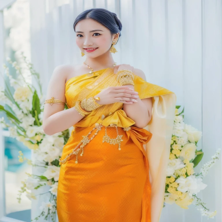 Woman in yellow dress standing next to white flowers, traditional beauty, Sukhothai set, with yellow cloth, traditional, A woman wearing a yellow dress., traditional dress, According to Thawan Duchanee's style, Southeast Asia that has existed for a long time, Niwan Chandra, Decorated with smooth gold., Very beautiful Enga style., In Lammanh style