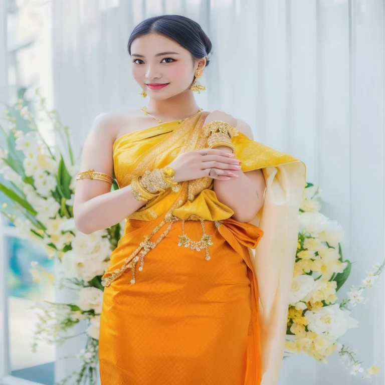 Woman in yellow dress standing next to white flowers, traditional beauty, Sukhothai set, with yellow cloth, traditional, A woman wearing a yellow dress., traditional dress, According to Thawan Duchanee's style, Southeast Asia that has existed for a long time, Niwan Chandra, Decorated with smooth gold., Very beautiful Enga style., In Lammanh style