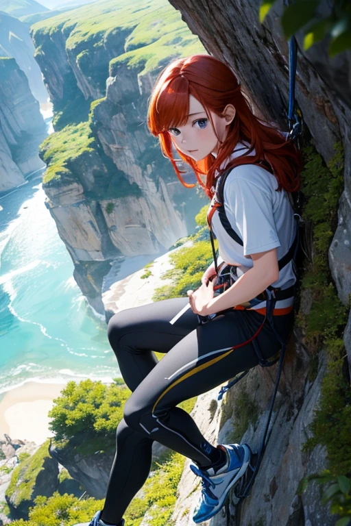 (8K), (Best Quality), (Mastepiece: 1.2) A climber using a carabiner to scale a cliff、((Redhead))、bird's eye view