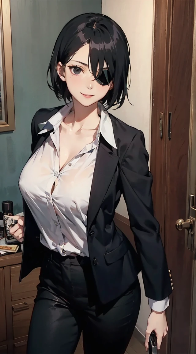anime Screencap, happy, big breasts, in a room, vibrant colors, ,himeno \(chainsaw man\), eyepatch, black hair, black eyes, short hair, black jacket, collared shirt Open, black pants, center opening, collarbone, neat hands