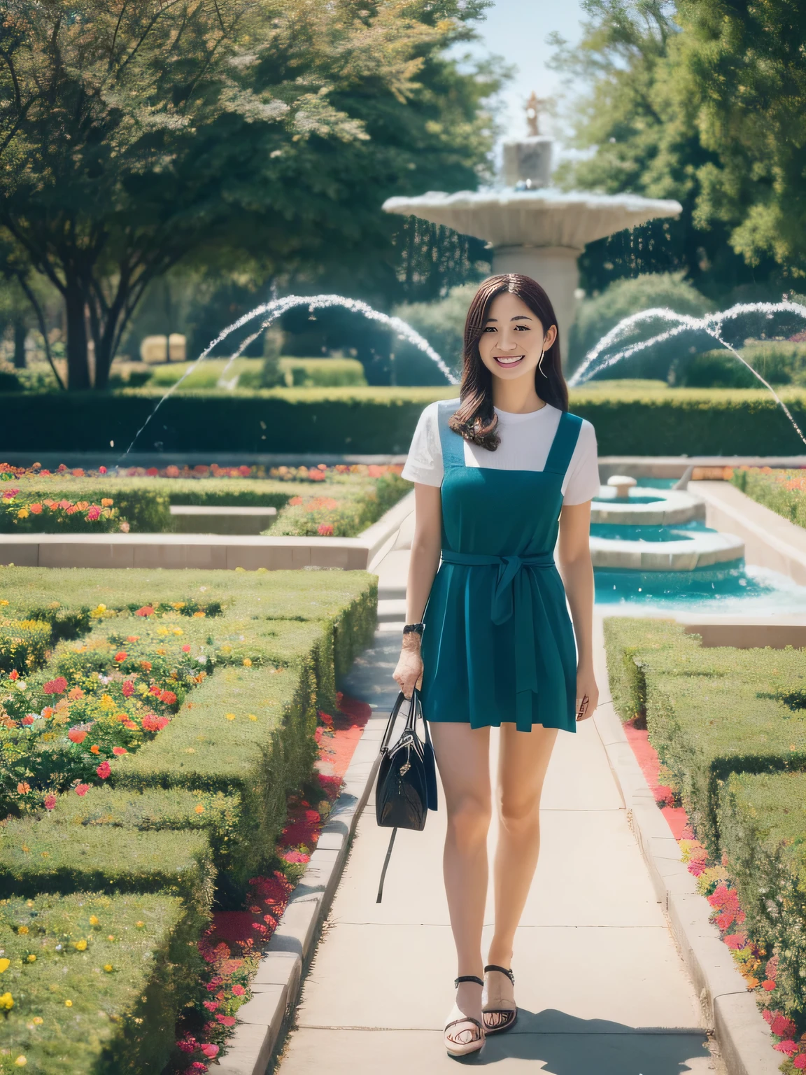 Browsing Caution, ((highest quality)), ((8k)), ((masterpiece:1.3)), (become close), (Movie quality), Outdoor, sunny, ((Park with a fountain)), A Japanese woman standing in front of a flowerbed full of colorful flowers., Bright with strong natural light, (I'dim), Perfect look, 47 years old, Married women, Wedding ring on ring finger of left hand, Facial wrinkles:1.2, Wrinkles around the eyes:0.8, Tear bags around the eyes, double eyelid, I have a small crying mole under my left eye., Long sleeve blouse with frills on the chest, A long flared skirt that is tight around the hips, Long Hair, Smiling Kindly, Turn your face to the side, My eyes are watching me, Standard Chest, whole body, pumps,