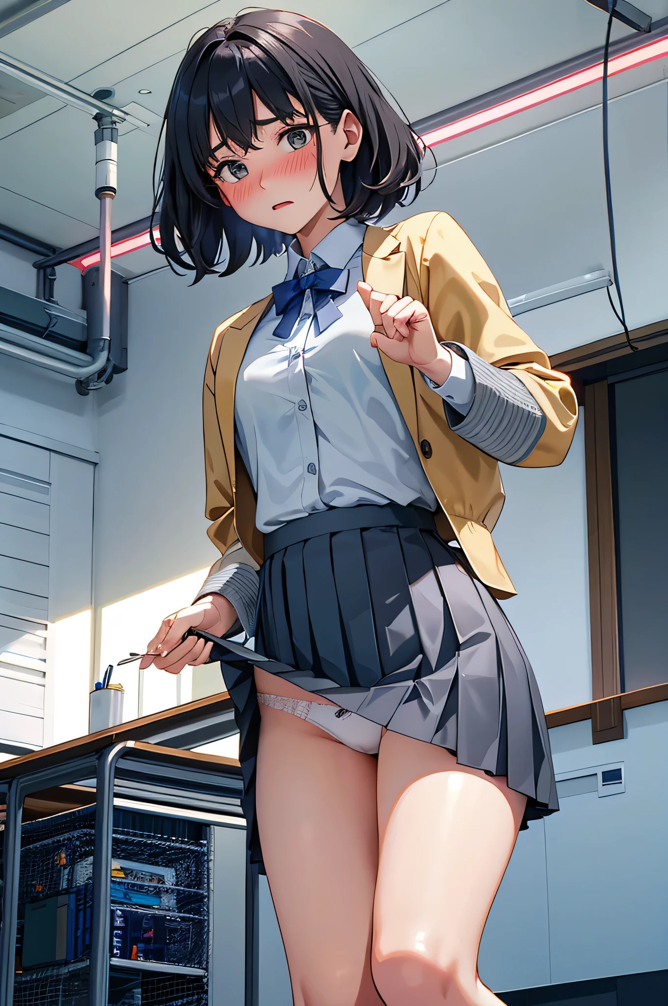best quality, ultra-detailed, from below,
1woman, surprised, embarrassed, blushing, looking at viewer,
erectric fan, blowing air,
dark gray jacket, dark gray pleated skirt, floating skirt, skirt lifted, dynamic pose, stretch fingers, hand on the knees, white intricated panties, white detailed panties, indoor, office,