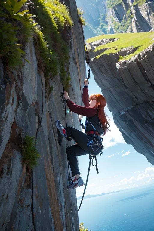 (8K), (Best Quality), (Mastepiece: 1.2) A climber using a carabiner to scale a cliff、((Redhead))、bird's eye view