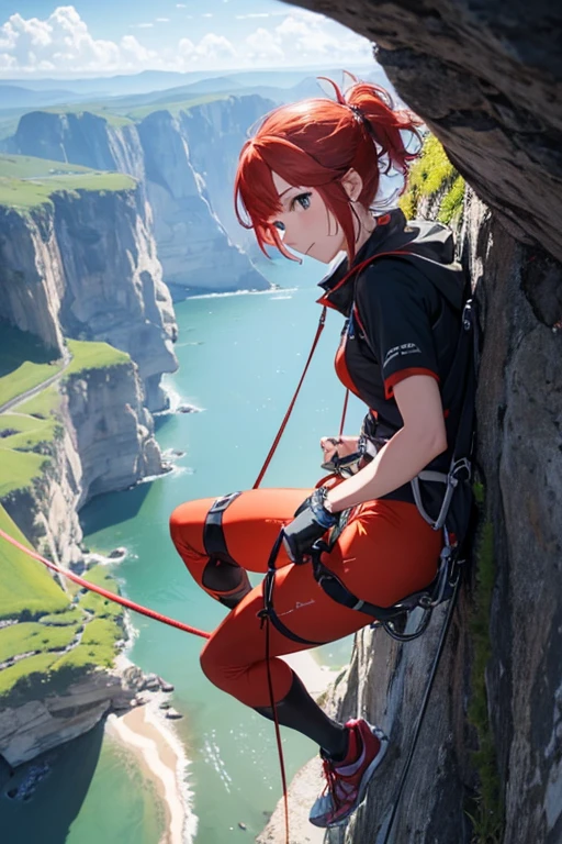 (8K), (Best Quality), (Mastepiece: 1.2) A climber using a carabiner to scale a cliff、((Redhead))、bird's eye view