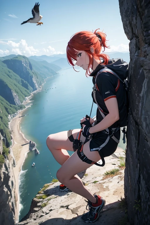 (8K), (Best Quality), (Mastepiece: 1.2)　　A climber using a carabiner to scale a cliff、((Redhead))、bird&#39;s eye view