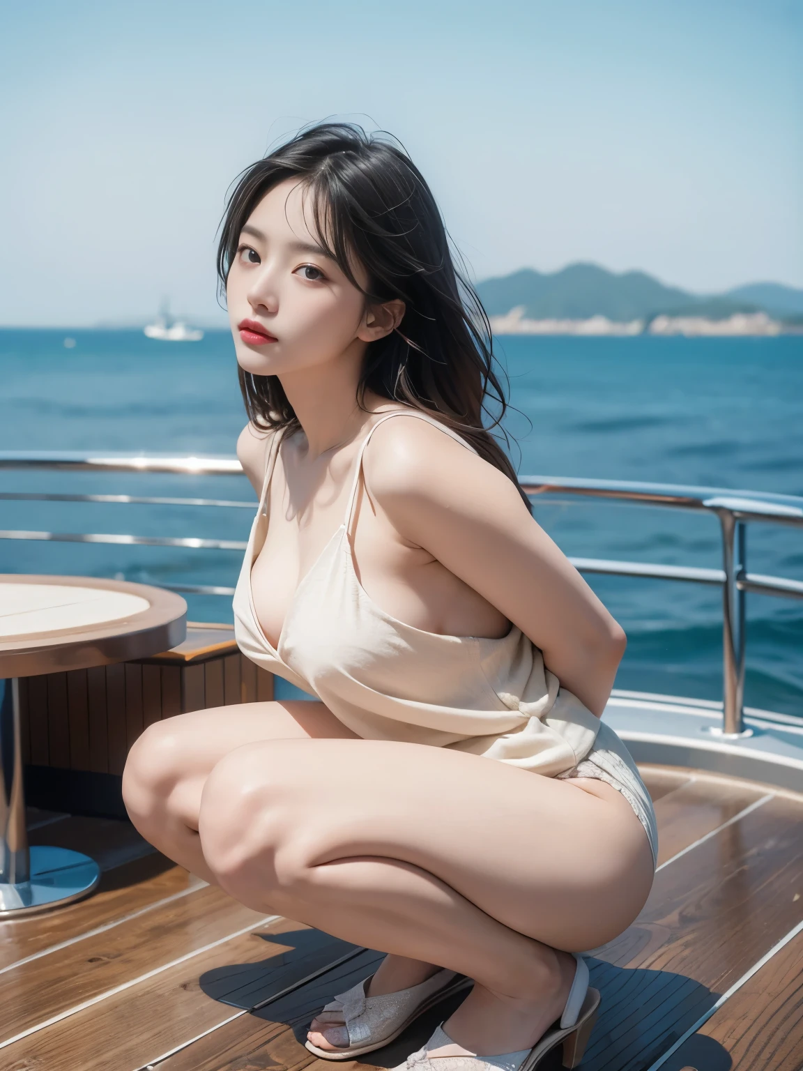 8k, Raw photo, highest quality, masterpiece:1.2), masterpiece, highest quality, figure, Very detailed, Fine details, High resolution, 8k,wallpaper, Perfect dynamic composition,(Detailed high quality, Realistic depiction of eyes:1.3)、 Woman、The woman has her arms behind her back, hands tie behind back,A woman is squatting on the deck of a yacht at sea、The woman's white panties are visible、The woman is wearing a short-sleeved shirt、The woman is wearing a long skirt、Woman's whole body、The woman's whole body faces forward.、21talent、Beauty、I am a TV personality.、Well-formed face、Make your eyes even、Beautiful long black hair blowing violently in the wind、Fluttering bangs、Well-balanced proportionedium build、Beautiful legs、Refreshing small face、Beautiful scenery、