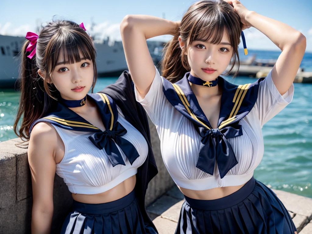(((very heavy chest))),NSFW, 16k raw photos, highest quality, masterpiece, ultra high resolution, ((She is wearing Beautiful exposed redShe is wearing (a high school sailor uniform).
(navy sailor collar:1.4),(white shirt:1.4),(navy pleats skirt:1.4),(navy bow:1.4))).movie, ((2 girls, , 2 schoolgirls)),((attractive expression)),eyes shine、 looking at the viewer, natural skin texture very heavy chest))),((( metal black ribbon around the neck))).star handle mold、((yellow eyes)),Realistic eye and face details, lip whole, lipstick makeup), fluffy ponytail hair, laughter, Beautiful feet, tall woman, ((glowing skin)),((Beautiful armpit)), slim_feet, huge breasts, cleavage, beautiful natural places, beautiful flower garden、(detailed background,highly exposed, huge breasts, blurred background,, JK ribbon on the neck, jk ribbon, golden hair, bracelet, water, bangs, split your lips、armpit、beautiful hip line、glowing skin、(((eyes shine brightly))),lotion skin、High leg、((black hair)),highly exposed、Skimpy pink luxury fur coat、beautiful sea background、wind effect、